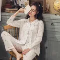 Comfortable long sleeve cotton pajama set for women, cute feather print sleepwear. - M / Top And Bottom / White