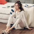 Women's long sleeve cotton pajama set with green leaf print, soft sleepwear for home and night. - M / Top And Bottom / White
