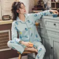 Cotton long sleeve pajama set for women, cute strawberry print sleepwear home wear. - M / Top And Bottom / Blue