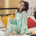 Mint green long sleeve pajama set for women, cute printed cotton sleepwear for cozy home. - M / Top And Bottom / Green