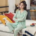 Light green long sleeve cotton pajama set for women, comfortable sleepwear for home daily wear. - M / Top And Bottom / Green