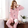 Pink long sleeve cotton pajama set with bird print for women, comfortable sleepwear. - M / Top And Bottom / Pink