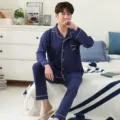 Men's cotton long-sleeve pajama set in navy blue with white piping and comfortable sleepwear style. - L / Top And Bottom / Blue