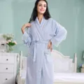 Light blue waffle bathrobe with yellow piping, comfortable couple loungewear for spring and summer. - Women's Blue