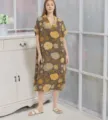 Damen Baumwolle Jacquard Kurzarm Langes Schlafkleid Sommer Locker Lässiges Nachthemd - M / Morgenmantel / Schwarz Gold Blumenmuster