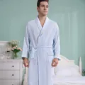 Comfortable bamboo fiber bathrobe for men and women, light blue waffle weave hotel sleepwear. - Men's Blue