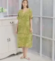 Baumwolle Doppelgaze Nachthemd für Damen, Sommer Kurzarm lose lange Schlafkleid Hauskleidung - M / Morgenmantel / Grünes Blumenmuster