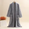Grey flannel plush long bathrobe for couples, thick winter sleepwear with belt and pockets. - L / Robe / Gray