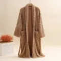 Brown plush fleece bathrobe for men and women, cozy long winter sleepwear with belt and pockets. - L / Robe / Coffee