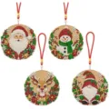 Christmas diamond painting ornaments set of 4 cute round hanging pendant holiday decor - Round Wreath Christmas Character Diamond Painting Hanging Ornament