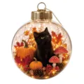 Clear glass ornament ball with black cat pumpkin autumn miniature landscape and warm fairy lights. - Little Black Cat Autumn Forest Micro Landscape Transparent Ball Pendant