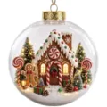 Christmas transparent ball ornament with gingerbread house miniature inside, warm LED lights festive decor. - Christmas Transparent Ball Gingerbread House Man Tree Snow Scene Decorative Ball