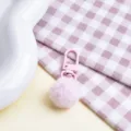 Cute pink fluffy pom-pom keychain detail shot, candy color fuzzy ball pendant for bags keys. - Plush Ball + Clasp / Pink