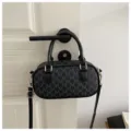Retro monogram print small handbag stylish black shoulder crossbody bag for women daily use. - Black