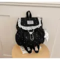 Sac à dos noir avec imprimé étoiles, bordure en dentelle blanche et cordon de serrage chic. - Avec Pendentif (JH6014) / Noir
