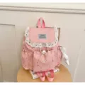 Vue détaillée du sac à dos rose imprimé étoiles, style mignon avec bordure en dentelle. - Avec Pendentif (JH6014) / Rose