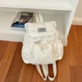 Sac à dos en toile blanche avec motif d'étoiles et bordure en dentelle, joli sac mignon - Sans Pendentif (JH6014) / Blanc
