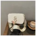 White crossbody bag small square shoulder bag with wide strap and metal decor casual style - White