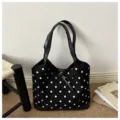 Borsa tote in camoscio a pois neri e bianchi da donna, grande capacità borsa a spalla. - Stile Senza Ciondolo / Nero