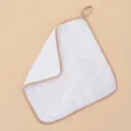 Close-up detail of white microfiber cleaning cloth with neat brown edge binding and hanging loop. - 30*30cm / Camel Edge