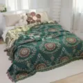 Vintage floral woven throw blanket with tassels for sofa bed, soft cotton summer cool quilt - Green Disc Floral / 150*200cm