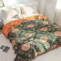 Vintage cotton gauze throw blanket with floral pattern and fringe design for bed or sofa. - Orange Disc Floral / 150*200cm