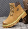 Men's winter fleece-lined martin boots retro work boots anti-slip high-top leather shoes - 38 / Yellow