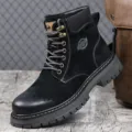 Men's black suede Martin boots high top winter fleece lined work shoes trendy footwear - 38 / Black