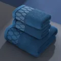 Pure cotton towel set deep blue thickened absorbent face and bath towels with grid border - 35*70cm / Blue Grid Pattern