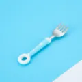Stainless steel baby fork with blue polka dot silicone handle for daily feeding. - Donut Forks / Blue