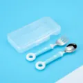 Blue polka dot baby spoon fork set with clear storage case, portable stainless steel. - Donut Fork And Spoon Set / Blue