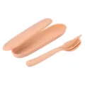 Portable wheat straw cutlery set with box, fork and spoon in light pink, ideal for outdoor use. - Three-Piece Set / Pink