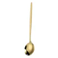 Golden stainless steel round soup spoon, elegant European long handle design for dining table. - Gold