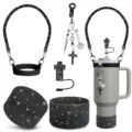 Black glitter tumbler accessory set, silicone boot, strap, straw cover and cute charms. - Black Glitter Cross (Pic 3)