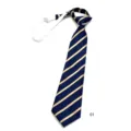 Detail view of a navy blue business necktie featuring elegant yellow diagonal stripes. - Navy Blue Yellow Striped Pre-tied (35x7cm)