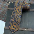 Blue and gold paisley men's tie detail, luxury vintage court style woven jacquard fabric closeup. - Hand-Tied Zipper Style / 145x8cm
