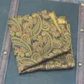 Detailed shot of yellow green paisley pocket square, luxury jacquard fabric for men suits. - Pocket Square / 22x22cm