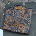 Blue and gold paisley pocket square detail, luxury vintage jacquard fabric for men suits. - Pocket Square / 28x28cm