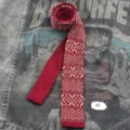 Retro Fair Isle knitted tie detail, vintage red Nordic pattern flat bottom necktie for men. - 02 Burgundy Snowflake