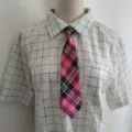 Short pink black plaid tie paired with a grid shirt, trendy student accessory for daily wear. - Rose Red