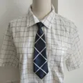 Student plaid short sleeve shirt with matching small tie classic Scottish grid clothing - Large Black Checks