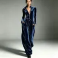 Primo piano dettagliato della lussuosa tuta in velluto che evidenzia il colletto e la zip. - Blu