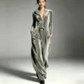Detalles del mono de terciopelo gris destacando la cremallera y el ajuste en la cintura. - S / Monos / Gris claro
