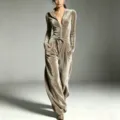Mono largo de terciopelo para mujer manga larga cuello alzado pierna ancha elegante - S / Monos / Caqui