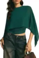 Top de gasa verde oscuro con mangas capa, dobladillo irregular y elegante cuello redondo. - Verde Oscuro