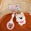 Adorable badminton racket and fluffy white dog plush keychain pendant for bag decoration - 12cm / Pink Style