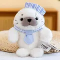 Cute white seal plush toy wearing sailor hat and plaid scarf, soft stuffed doll gift. - Lazy Seal / 17cm