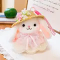 Cute plush rabbit bag pendant with straw hat and pink lace dress, soft toy keychain. - 17cm / Holiday Series Rabbit
