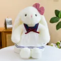 Cute white lop-eared plush rabbit toy wearing a sailor dress and red plaid bow for kids. - 30cm / White Dress