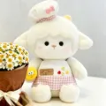 Adorable peluche d'agneau blanc avec toque de chef et tablier à carreaux rose. - Mouton Bleu Grand Sans Lunettes 40cm